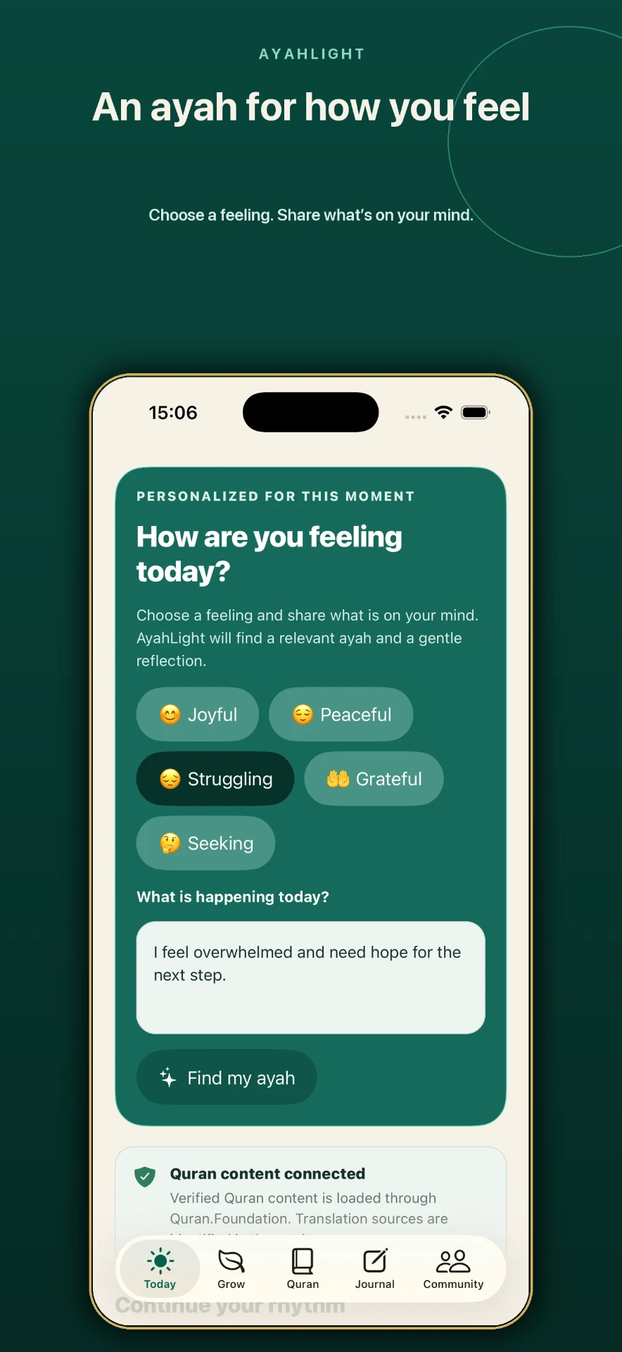 AyahLight daily reading screen shown on a phone